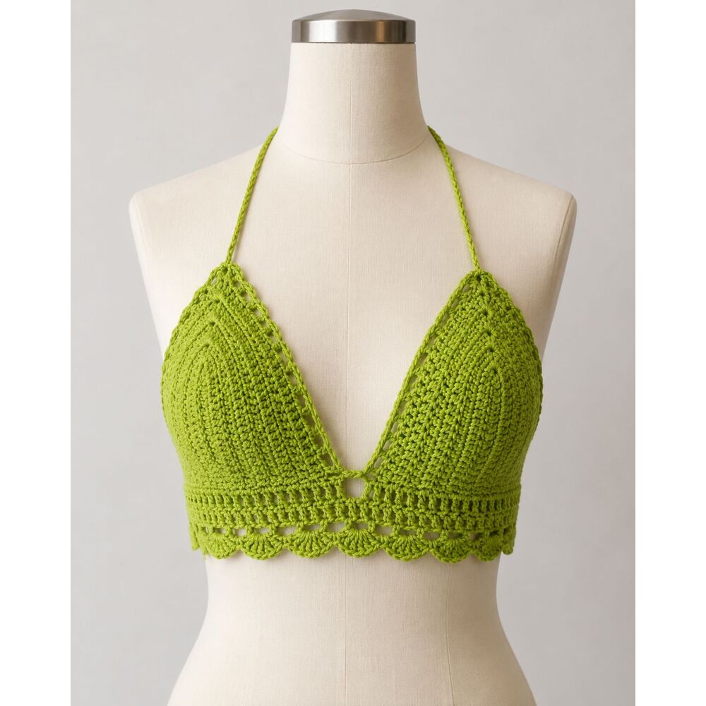 Hand Crochet Lime Green Halter Bikini Top Festival Swim Bralette